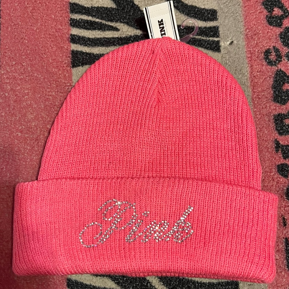 NWT PINK Victoria's Secret hot pink rhinestone beanie